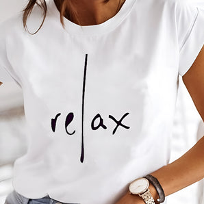Women's white minimalist text tee with "Relax" script, casual and stylish, shown in 5XL size.