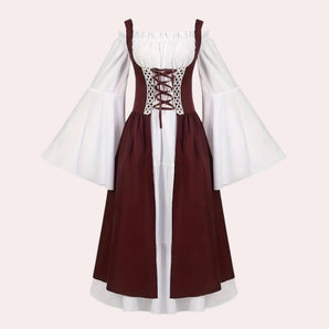 Renaissance corset dress in burgundy and white, featuring a fitted bodice with a lace-up front, long flowing bell sleeves, and a full-length skirt.