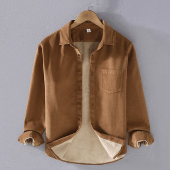 Reversible men's two-tone jacket featuring a contrast collar, shown in brown color, size 3XL. The jacket includes a button-up front and long sleeves, blending a beige and white design suitable for versatile fashion.