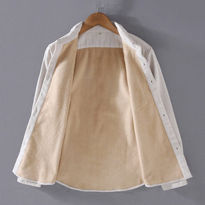 Reversible men's two-tone jacket in beige and white featuring a contrast collar, displayed with visible sleeves and stylish design.