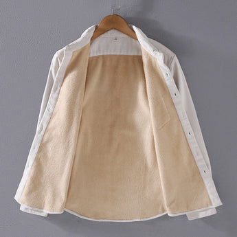 Reversible men's two-tone jacket in beige and white featuring a contrast collar, displayed with visible sleeves and stylish design.