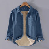 Reversible men's two-tone jacket with contrast collar in blue, featuring long sleeves, button closure, and pockets.