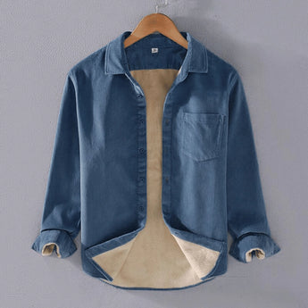 Reversible men's two-tone jacket with contrast collar in blue, featuring long sleeves, button closure, and pockets.