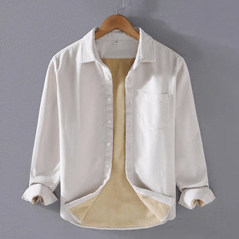 Reversible men's two-tone jacket with contrast collar in beige and white, featuring long sleeves and button closure, displayed in size 3XL.
