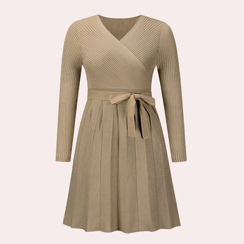 A ribbed black wrap dress featuring long sleeves and a V-neck in a skater style, shown in a khaki color and XL size.
