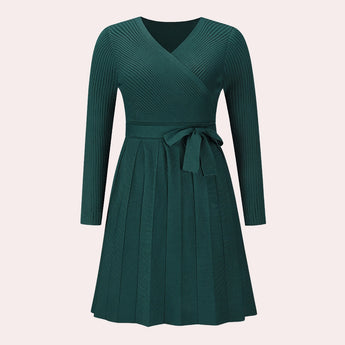 
A long sleeve, V-neck, ribbed wrap dress in a skater style, shown in a vibrant green color and size XL.