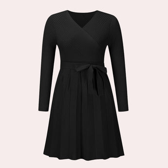 Ribbed black long sleeve wrap dress with a V-neck in a skater style, suitable for day or formal occasions, displayed in size XL.