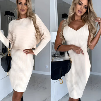 Brown ribbed long sleeve mini dress with a belted waist, modeled by a smiling woman wearing white shoes, showcasing fall fashion style.