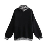Oversized black and tan ribbed mock neck wool sweater for unisex, featuring long sleeves and a distinct pattern, displayed in size XL.