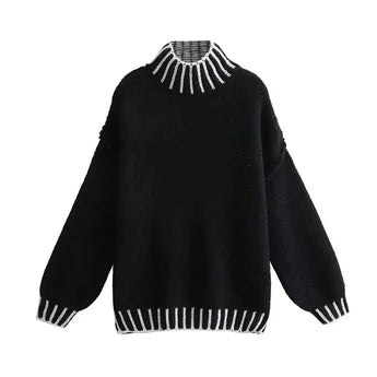 Oversized black and tan ribbed mock neck wool sweater for unisex, featuring long sleeves and a distinct pattern, displayed in size XL.