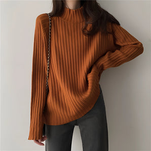 Ribbed Orange High Neck Sweater - Women's Autumn Fashion Top