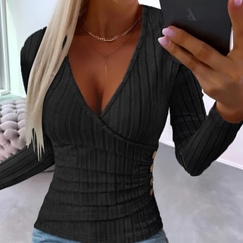 Ribbed V-neck black slim fit blouse with button detail, featuring long sleeves and tailored to a 2XL size, worn by a model pairing it with jeans.