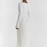 Cream ribbed V-neck maxi sweater dress with long sleeves, showcasing fall fashion.