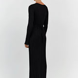Ribbed V-neck cream maxi sweater dress with long sleeves, featuring a sheath silhouette and a stylish fall fashion design.