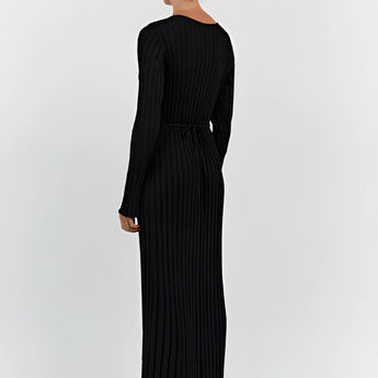 Ribbed V-neck cream maxi sweater dress with long sleeves, featuring a sheath silhouette and a stylish fall fashion design.