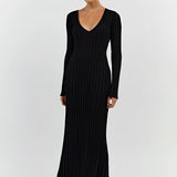 Cream-colored ribbed V-neck maxi sweater dress with long sleeves, designed in a sheath style, ideal for fall fashion.