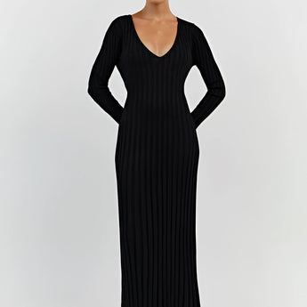 Ribbed cream maxi sweater dress with a V-neck design and long sleeves, showcasing a flattering sheath silhouette perfect for fall fashion.