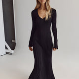 Ribbed V-neck cream maxi sweater dress with long sleeves, styled for fall fashion, shown in a Nero color in size L.