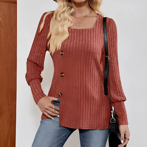 Ribbed women's tunic sweater in caramel, featuring a button knit design, styled with a casual fashion look and worn by a model in size 2XL.