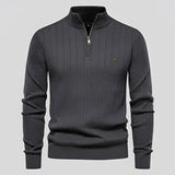 Ribbed gray sweater with a zipper collar, slim fit design, and long sleeves, suitable for men's autumn wear in size 2XL.