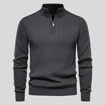 Ribbed gray sweater with a zipper collar, slim fit design, and long sleeves, suitable for men's autumn wear in size 2XL.