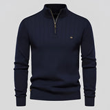 
A blue ribbed zipper collar men's sweater in a slim fit design suitable for autumn wear, displayed in size 2XL.