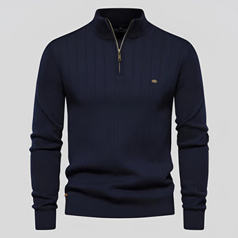 
A blue ribbed zipper collar men's sweater in a slim fit design suitable for autumn wear, displayed in size 2XL.