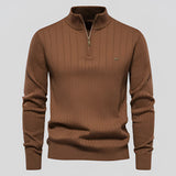 Brown ribbed zipper collar men's sweater in a slim fit design, suitable for autumn wear, size 2XL.