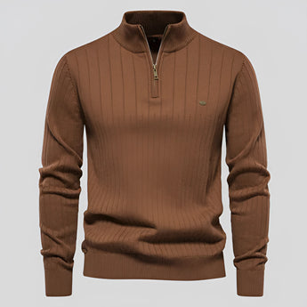 Brown ribbed zipper collar men's sweater in a slim fit design, suitable for autumn wear, size 2XL.