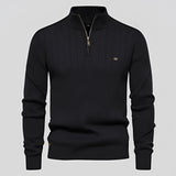 
A black ribbed zipper collar men's sweater in a slim fit design, suitable for autumn wear, shown in size 2XL.