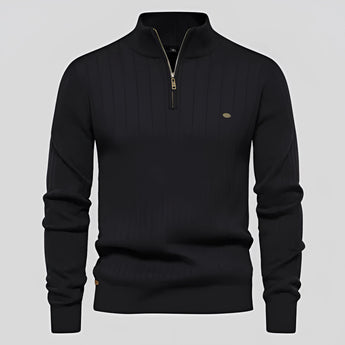 
A black ribbed zipper collar men's sweater in a slim fit design, suitable for autumn wear, shown in size 2XL.