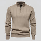 Khaki ribbed zipper collar men's sweater in a slim fit design, suitable for autumn wear; shown in size 2XL.