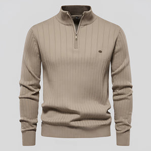 Khaki ribbed zipper collar men's sweater in a slim fit design, suitable for autumn wear; shown in size 2XL.