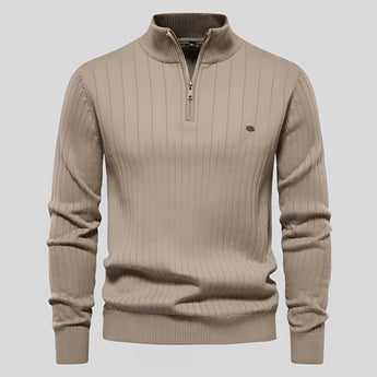Khaki ribbed zipper collar men's sweater in a slim fit design, suitable for autumn wear; shown in size 2XL.
