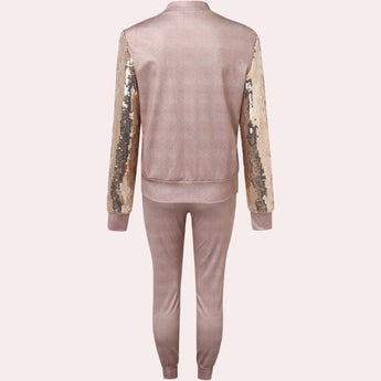Rose gold velvet tracksuit with sequin detail for women, featuring a luxurious design with long sleeves and a stylish collar.