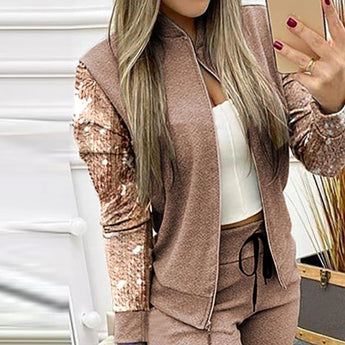 Rose Gold Velvet Tracksuit with Sequin Detail featuring a stylish design with shoulder and sleeve accents, crafted in luxurious textile, ideal for women's fashion and activewear.
