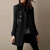 
A black, double-breasted women's designer trench coat in size 3XL, featuring a classic collar and long sleeves.