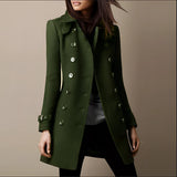 Royal blue double-breasted women's designer trench coat with a tailored fit, featuring a classic collar, long sleeves, and a belt at the waist.