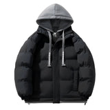 Royal blue men's insulated windproof puffer jacket featuring a hood, long sleeves, and multiple pockets.