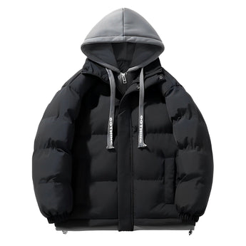 Royal blue men's insulated windproof puffer jacket featuring a hood, long sleeves, and multiple pockets.