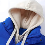 
A royal blue men's insulated windproof puffer jacket featuring a high collar and long sleeves, displayed on a neutral background.