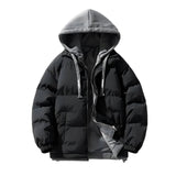 Men's insulated windproof puffer jacket in black, featuring a high-neck collar, long sleeves, and front pockets.