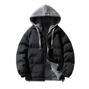 Men's insulated windproof puffer jacket in black, featuring a high-neck collar, long sleeves, and front pockets.