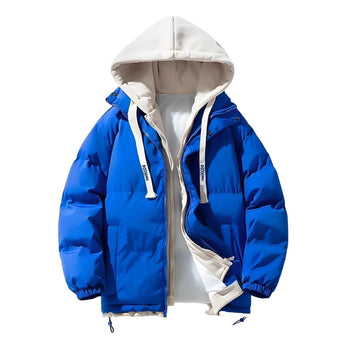 Royal blue men's insulated windproof puffer jacket in size XXL, featuring a high collar, long sleeves, and pockets, designed for warmth and protection against the wind.