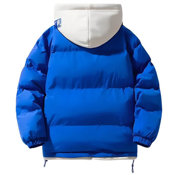 Royal blue men's insulated windproof puffer jacket featuring a full-length front zipper, long sleeves, and a high collar for added warmth.