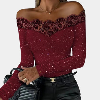 Royal Blue Off-Shoulder Lace Evening Top for Women in a vibrant red color, featuring a stylish off-shoulder design with lace detailing, suitable for a sophisticated look.