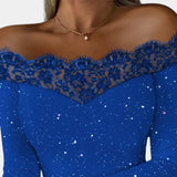 Royal blue off-shoulder lace evening top for women displaying intricate lace detailing and elegant neckline, highlighting shoulders and arms.