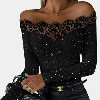 
Black off-shoulder lace evening top for women in size 2XL, featuring intricate lace detailing on the neckline and sleeves.