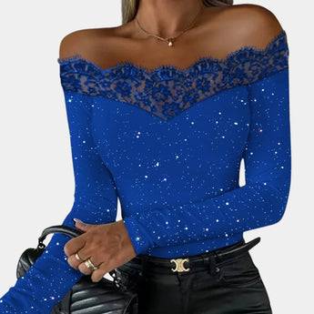 Royal blue off-shoulder lace evening top for women in size 2XL, featuring a delicate lace design with emphasis on the shoulders and neckline.