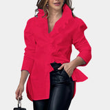 
A red long sleeve blouse for women featuring a v-neck design and elegant ruffles, suitable for office wear. The blouse is in size 3XL.